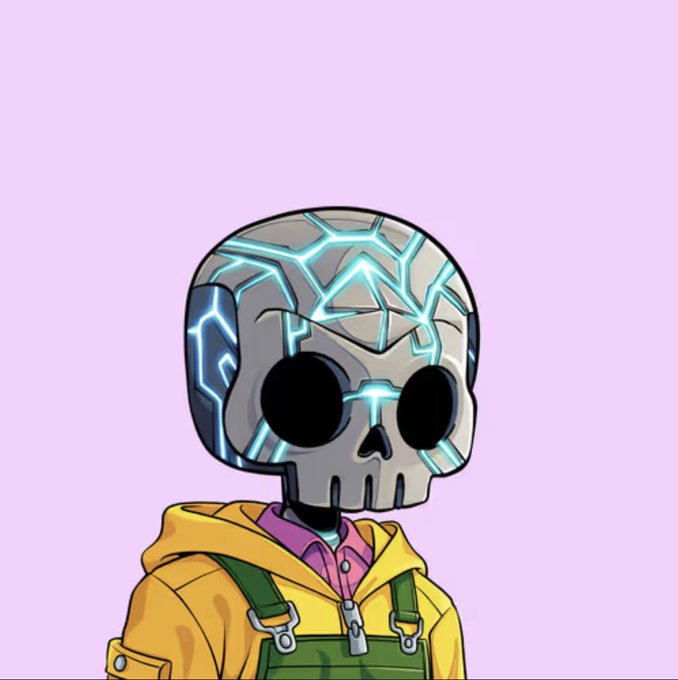 A digital illustration of a skull-headed character wearing a yellow hoodie and green overalls, featuring glowing blue geometric patterns across the skull's surface. The artwork aligns with the post's appreciation for the DedGorgez NFT collection, showcasing the character's edgy skull motif and streetwear aesthetic that the author describes as "fire."