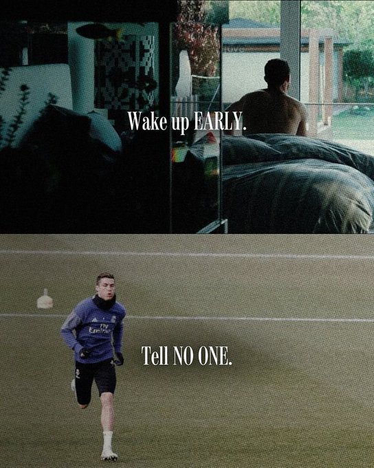 The image shows a two-panel composition: the top panel features a shirtless man sitting on a bed facing a window with the text "Wake up EARLY." overlaid, while the bottom panel shows a soccer player in an Everton jersey running alone on an empty field with the text "Tell NO ONE." Both panels visually reinforce the motivational message of rising early and pursuing goals in silence.