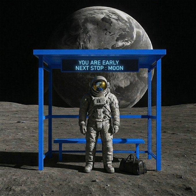 A digital artwork depicts an astronaut standing under a blue bus stop shelter on the moon, with Earth in the background and a sign reading 'YOU ARE EARLY NEXT STOP : MOON'.