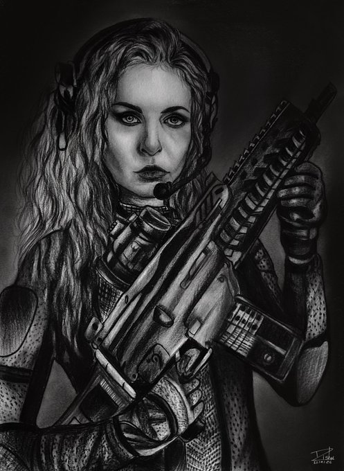 A detailed black and white pencil drawing of a fierce woman with long wavy hair holding a large futuristic firearm, wearing tactical gear and a headset.