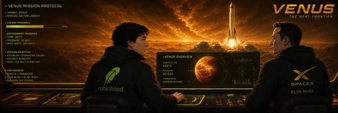 The image depicts two figures viewed from behind, wearing black hoodies—one labeled "Robinhood" and the other "SpaceX Elon Musk"—as they sit before control panels displaying "VENUS MISSION PROTOCOL" with stats like a target Venus status, 462°C temperature, and 92 bar pressure, while a rocket launches against a red, Venus-like sky. The accompanying post ties this to the VenusCoin ($VenusCoin) thesis on the Robinhood ecosystem, framing Venus as the counterpart to Elon Musk's Mars-focused meme narrative, suggesting Vlad's "next frontier" is Venus.