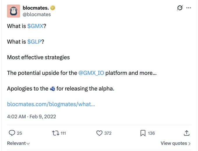 A tweet from @blocmates dated February 9, 2022, titled "What is $GMX?" featuring 25 replies, 111 retweets, 372 likes, and 136 bookmarks, which the accompanying post references as one of the first articles written about GMX and GLP after speaking with x on Telegram, highlighting how GLP's innovation later inspired Hyperliquid's HLP design.