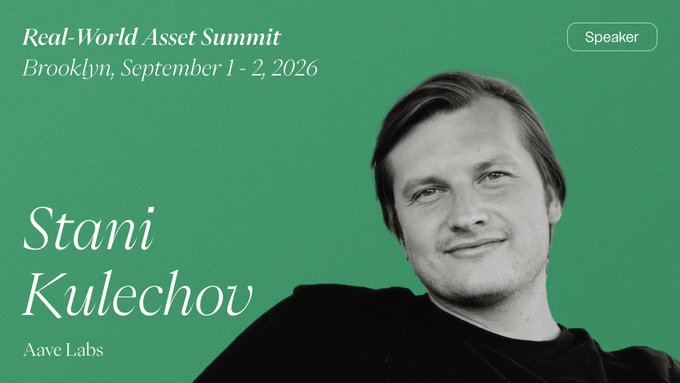 Promotional graphic for the Real-World Asset Summit in Brooklyn, September 1-2, 2026, featuring speaker Stani Kulechov of Aave Labs with a 'Speaker' tag in the corner.