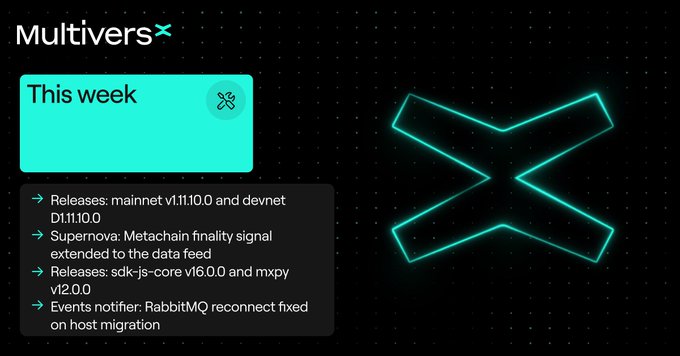 A 'MultiversX' update card titled 'This week' listing releases including mainnet v1.11.10.0 and Supernova Metachain finality signal.