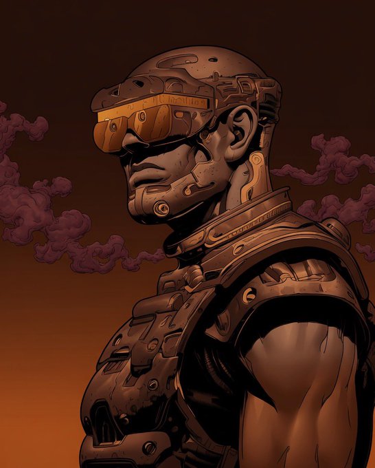 A stylized digital illustration portrays a muscular, cybernetically enhanced figure wearing tactical armor, a helmet, and reflective orange goggles against an orange sky with purple clouds.