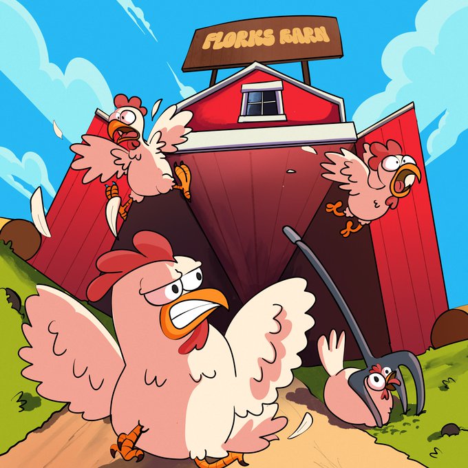 This image depicts a chaotic scene of chickens at "FLORKS BARN," reflecting the post's announcement of a new introduction by @RobinhoodCrypto with "feathery chaos."