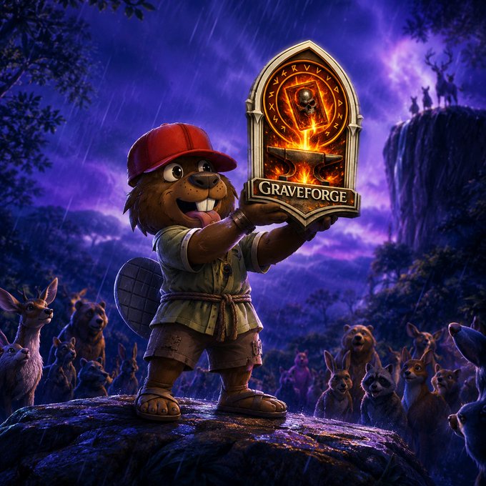 Digital artwork featuring an anthropomorphic beaver character in a red cap holding a 'GRAVEFORGE' emblem, surrounded by forest animals watching from the shadows.