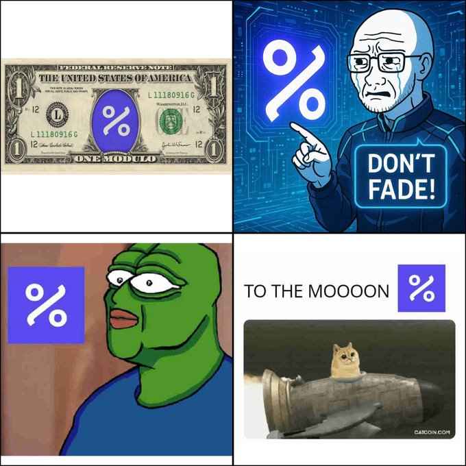 A four-panel meme collage featuring various crypto-themed images including a dollar bill with a % logo, a 'DON'T FADE!' Wojak pointing at a % symbol, a Pepe frog with a % logo, and a cat in a rocket with 'TO THE MOOOON' text.