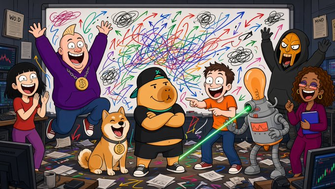 A colorful cartoon scene depicting a chaotic room full of characters including a man in purple, a dog with a Bitcoin medallion, a chubby character in a cap, a robot with a laser, and a hooded figure, all in front of a whiteboard covered in scribbled arrows.