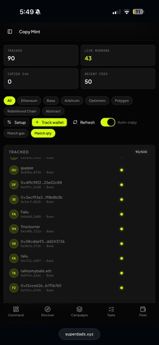 A screenshot of the CopyMint trading interface displayed on a mobile device, showing 90 tracked tokens, 43 live mirrors, and 50 recent feeds, with a toggle for auto-copy and a list of tracked Base network wallets such as "0xdffc9812_25e52c88" and "guppie." The simplified UI aligns with the caption's note about streamlining the copymint design for clearer navigation and tracking functionality.