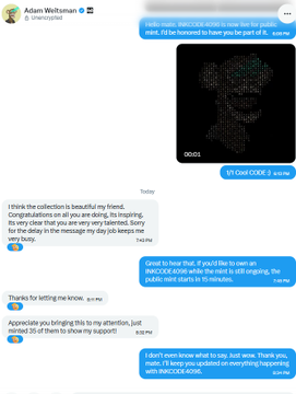 An iMessage conversation between Adam Weltman and an unnamed recipient, featuring texts, reactions, and an audio message.