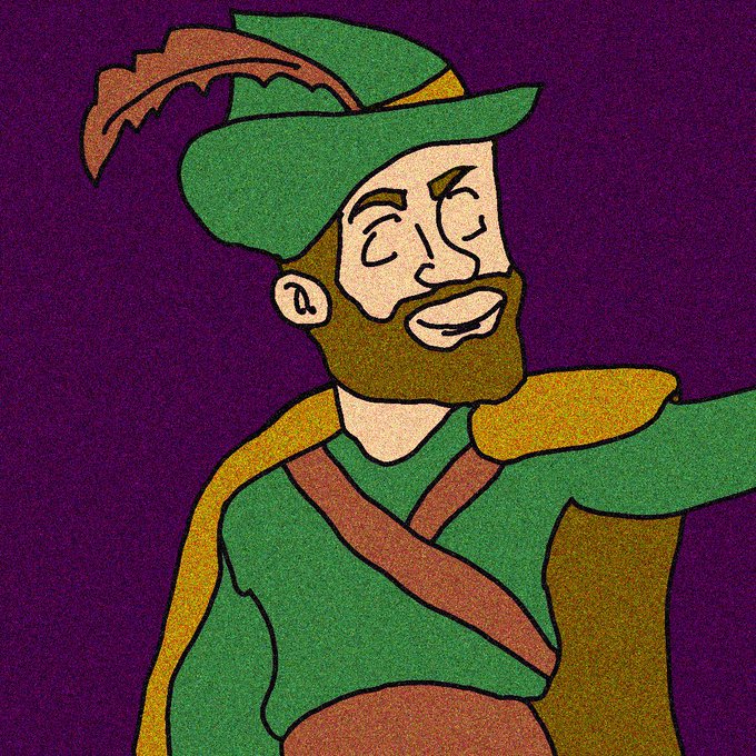 A cheerful bearded figure in a green Robin Hood–style hat and outfit poses against a purple background, complementing the upbeat “gm frens!☕️” greeting. No additional text, numbers, tickers, or names are visible.
