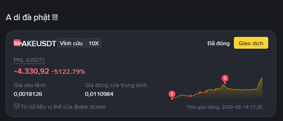 A dark-themed cryptocurrency chart interface displays the PNL (USDT) for the user 'ake dcmm' showing a value of -4,330.92, which is a -5122.79% change, with the header 'A đị đã phắt !!!'.