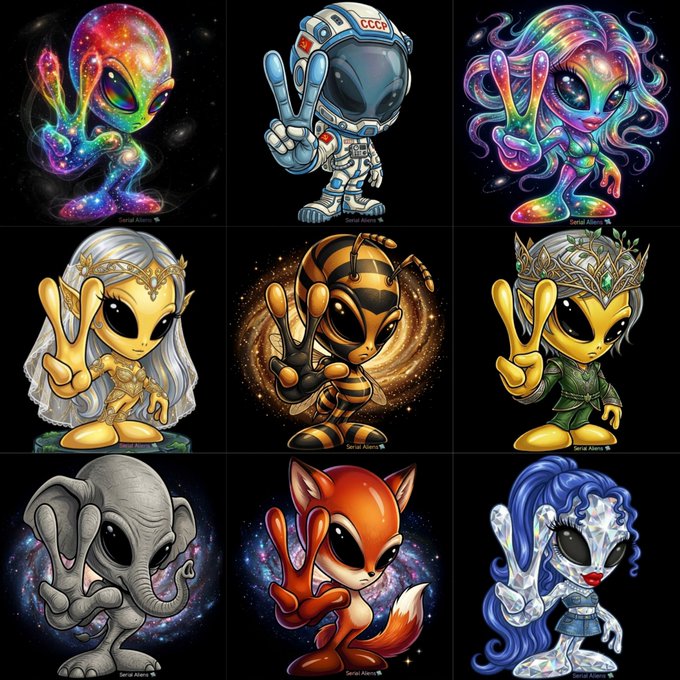 A grid of nine colorful alien-themed digital art illustrations, each depicting a different alien character making a peace sign, including a cosmic alien, a Soviet cosmonaut alien, a golden elven figure, a bee-themed alien, a crowned princess alien, an elephant alien, a fox alien, and others.
