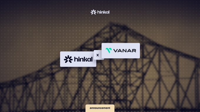An announcement graphic showing the integration of 'hinkal' with 'VANAR' displayed over a background of transmission towers.