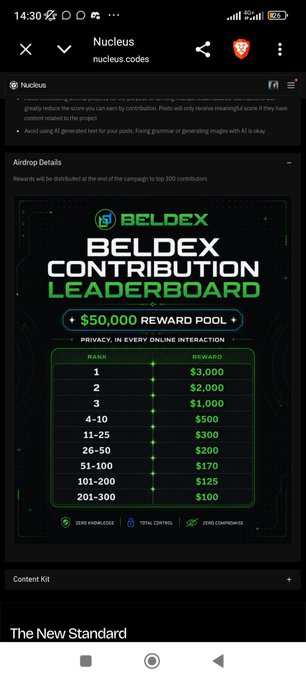A screenshot of a mobile web browser displaying the Nucleus website with a 'Beldex Contribution Leaderboard' showing a $50,000 reward pool ranked by rewards from $3,000 down to $100.