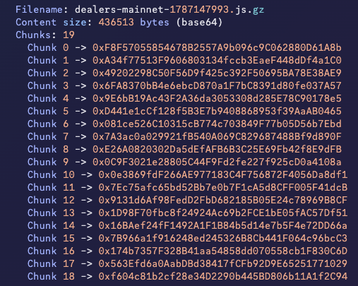 A terminal/console output showing the file 'dealers-mainnet-1787147993.js.gz' with its content size and a list of 19 chunks (0-18) displaying hexadecimal data values.