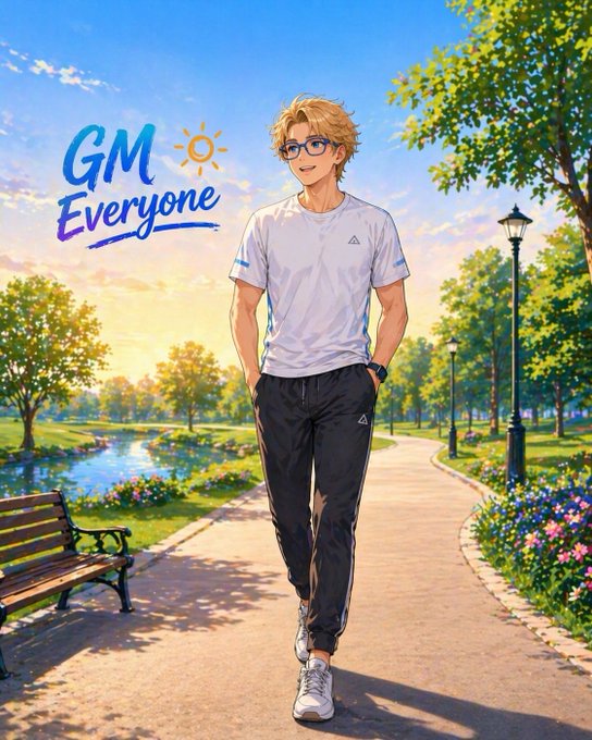 An anime-style illustration of a blond-haired young man wearing glasses, a white t-shirt, and black pants walking in a sunny park, with 'GM Everyone' text and a sun icon.