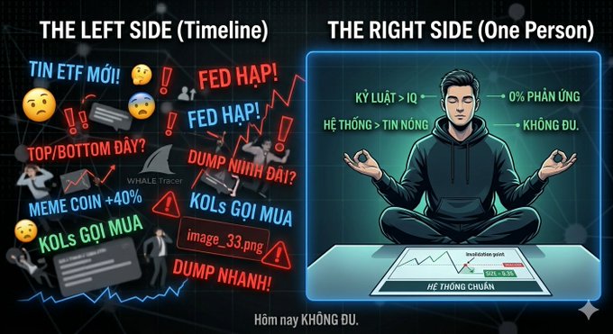 A Vietnamese infographic comparing 'THE LEFT SIDE (Timeline)' full of chaotic crypto trading alerts like 'TIN ETF MỚI!', 'FED HẠP!', and 'KOLs GỌI MUA' against 'THE RIGHT SIDE (One Person)' showing a man meditating calmly with text 'KỶ LUẬT > IQ', 'HỆ THỐNG > TIN NÓNG', and 'Hôm nay KHÔNG ĐU'.