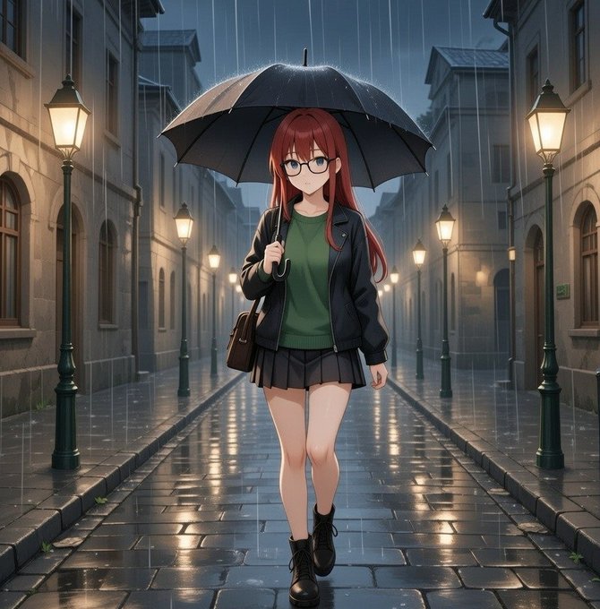 An anime-style illustration of a girl with long red hair and glasses walking on a wet cobblestone street in the rain while holding a black umbrella.