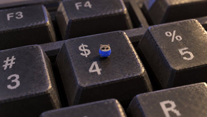 A tiny blue cat figurine sits perched on the "$4" key of a black keyboard, surrounded by neighboring keys labeled "F3," "F4," "#3," "%5," and "R." The miniature feline mascot visually represents "Nanocat" ($nanocat), tying the whimsical crypto token's branding to the call-to-action link "fomo.family/r/0xdodo" featured in the post.