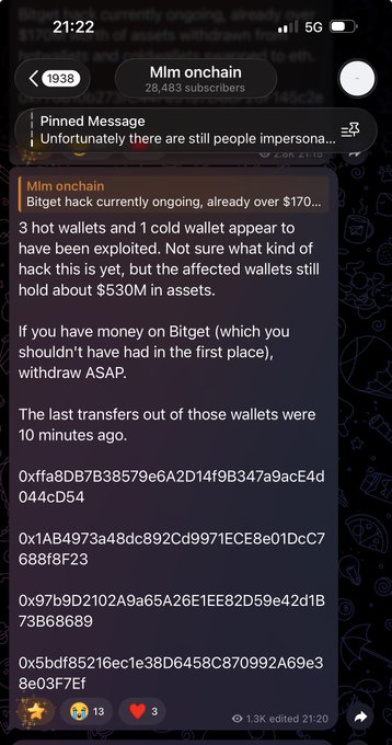 A Telegram message from 'Mlm_onchain' warning about an ongoing Bitget hack involving over $170M, noting that 3 hot wallets and 1 cold wallet have been exploited, and listing affected wallet addresses.