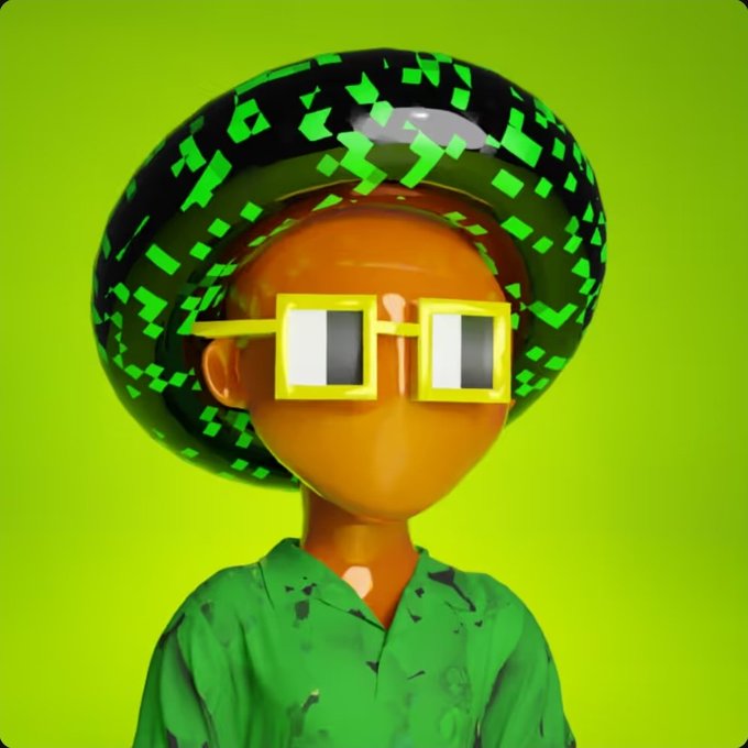 A 3D-rendered character with brown skin wearing yellow pixelated sunglasses, a green shirt, and a large digital-style hat with green squares, set against a bright green background.