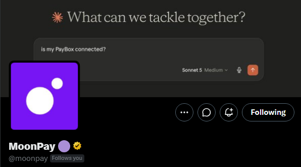 A screenshot of the MoonPay (@moonpay) profile on X, featuring the crypto payment company's signature purple logo with a white circular design, a verified checkmark, and a recent post asking "Is my PayBox connected?" with a prompt reading "What can we tackle together?" The image showcases MoonPay as a verified brand account, serving as a playful response to being called "the biggest flex in 2026."