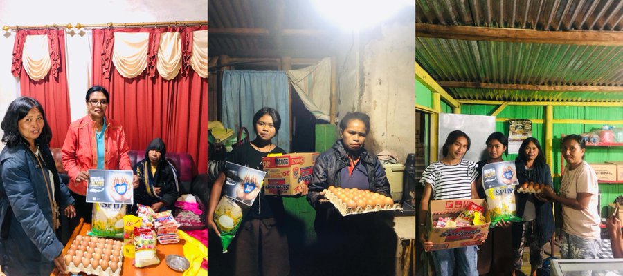 Three photos showing women receiving donations including bags of rice, eggs, and other supplies, appearing to be a charity distribution effort.