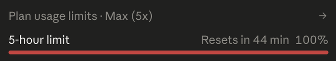 A dark screen showing 'Plan usage limits · Max (5x)' with '5-hour limit' at 'Resets in 44 min 100%' and a full red progress bar.