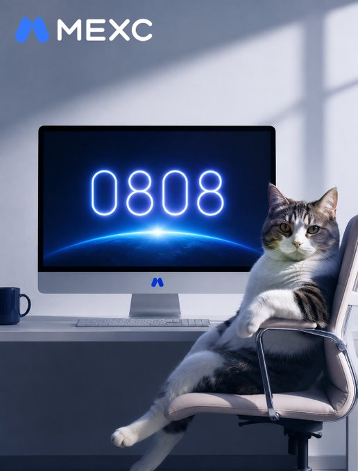 A promotional image for MEXC featuring a cat sitting in a chair next to a computer monitor displaying '0808' in blue neon numbers.