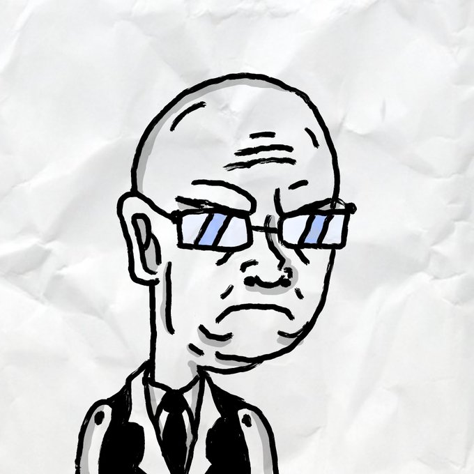 A black and white sketch drawing of a bald man wearing sunglasses on a crumpled paper background, drawn in a simple cartoon style.