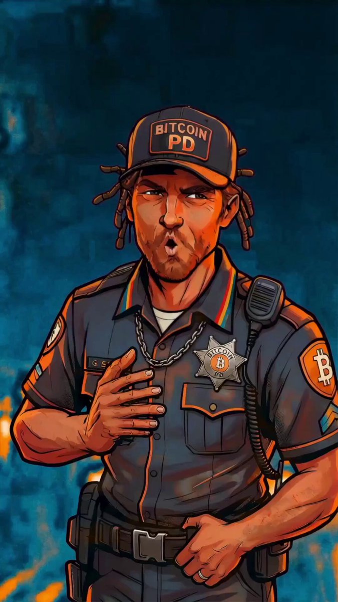 The image features a cartoon police officer wearing a hat with the word "BITCOIN" written on it. The officer appears to be talking into a microphone, possibly addressing an audience or having a conversation with someone. In the background, there is a blue wall that serves as a backdrop for the scene. The caption of the image includes various mentions of Bitcoin and luxury cars, suggesting a connection between the police officer's role in society and the world of cryptocurrency.