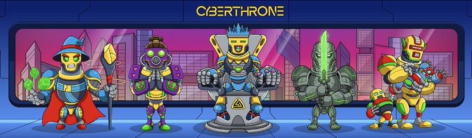 An illustration showing five robotic characters under the title 'CYBERTHRONE', featuring a wizard, a cyborg, a king, a knight, and a muscular golden robot.
