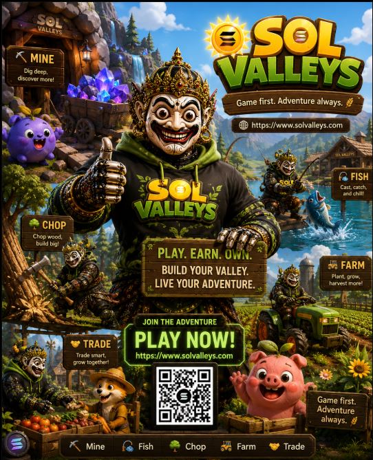 A promotional poster for a game called 'SOL VALLEYS' featuring a masked character giving a thumbs up, surrounded by various activities like Mine, Fish, Chop, Farm, and Trade, with a 'PLAY NOW!' button and website link.