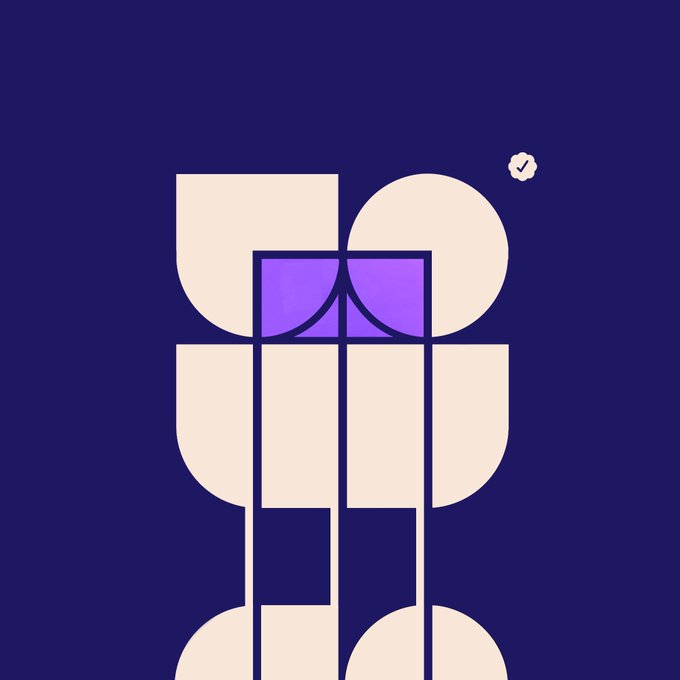 A minimalist geometric illustration on a dark blue background features abstract shapes in cream and purple, with a small checkmark symbol in the upper right.