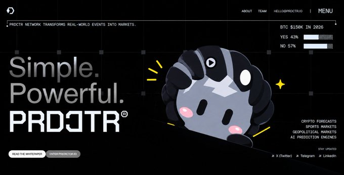 A website landing page for 'Simple. Powerful. PROJTR' which transforms real-world events into markets, showing a prediction that BTC will be $150K in 2026 (YES 43% / NO 57%).