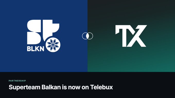 A partnership announcement graphic showing the 'BLKN' (Superteam Balkan) logo on a blue background paired with the 'TX' (Telebux) logo on a dark green background, with the text 'Superteam Balkan is now on Telebux'.