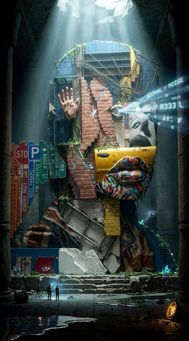 A towering, colorful, mixed-media sculpture of a fragmented face adorned with a crown, lips, and a hand, set in a grand, dark hall with rays of light shining down; visible text on signs includes 'STOP', 'P', 'FURRT NUT', and 'SIGNAL NOISE'.