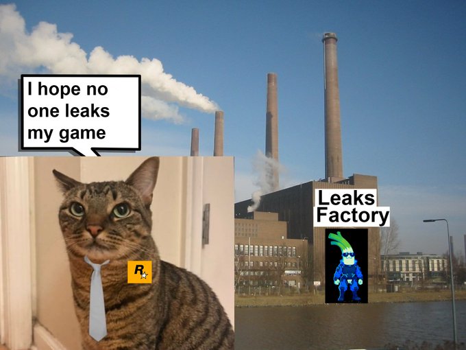 A meme featuring a cat wearing a Rockstar Games tie with the text 'I hope no one leaks my game' next to a photo of a factory labeled 'Leaks Factory' with a Crash Bandicoot image.