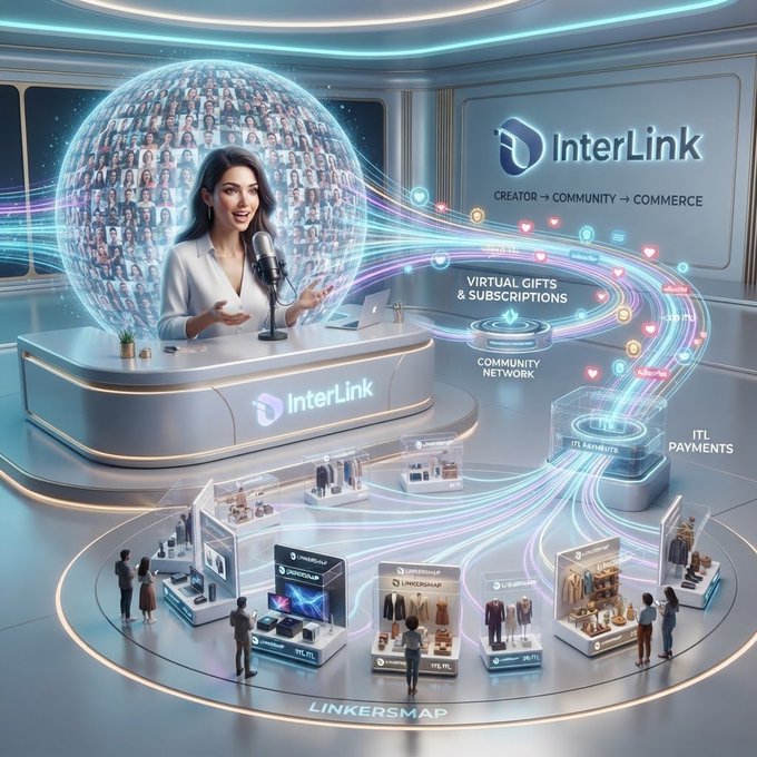 A digital illustration depicts the "InterLink" platform, showing a host broadcasting to a "COMMUNITY NETWORK" with flows leading to "VIRTUAL GIFTS & SUBSCRIPTIONS" and "ITL PAYMENTS".