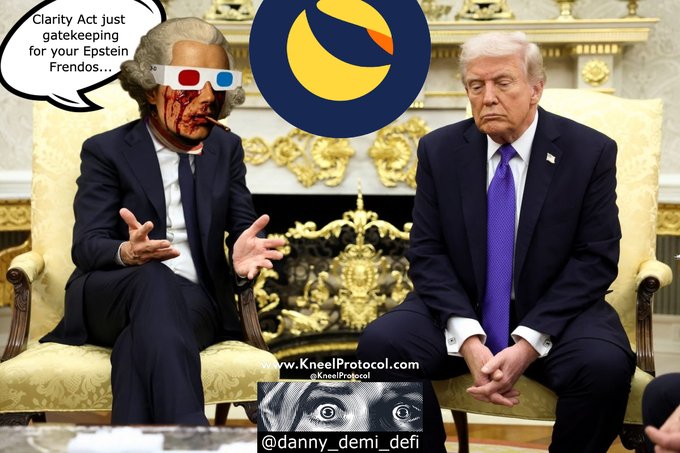 This meme features Donald Trump sitting next to a bloodied figure with 3D glasses and a wig, under the LUNC logo, with the text "Clarity Act just gatekeeping for your Epstein Friendos..." visible, relating to a post about cryptocurrency and "synergy."