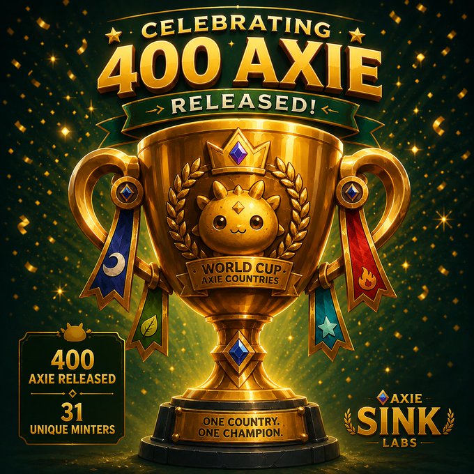 A celebratory graphic featuring a golden trophy and the text 'CELEBRATING 400 AXIE RELEASED!' along with '400 AXIE RELEASED, 31 UNIQUE MINTERS' and 'AXIE SINK LABS' logos.