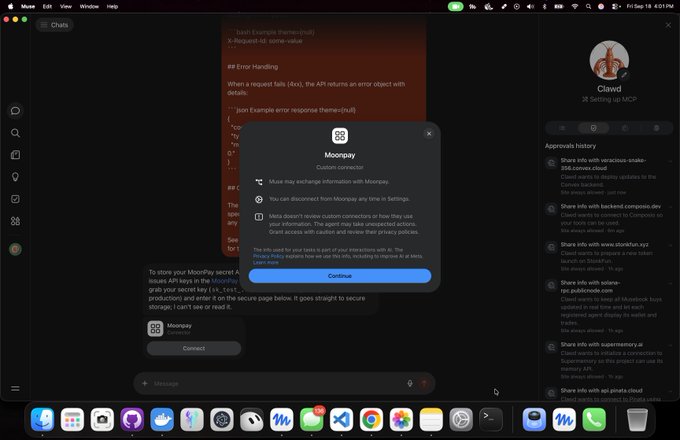A macOS desktop screenshot showing a Claude chat interface with a popup dialog titled 'Moonpay Custom connector' offering authentication options, with a message about API key security in the background.