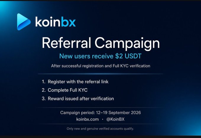 A promotional banner for Koinbx announces a 'Referral Campaign' offering new users $2 USDT after successful registration and full KYC verification, running from 12–19 September 2026.