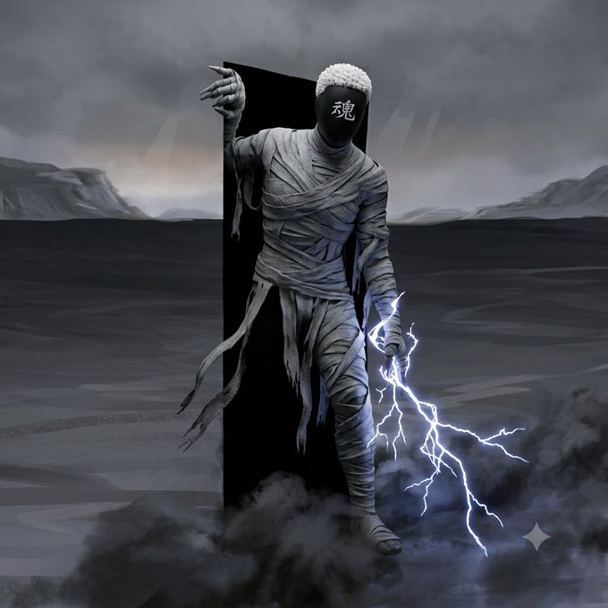 A dark digital artwork of a mummy-like figure with glowing white eyes holding a rectangular black doorway or monolith, wielding lightning in its right hand against a bleak, foggy landscape.