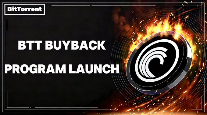 A promotional graphic featuring the BitTorrent logo surrounded by flames and sparks, with text announcing the "BTT BUYBACK PROGRAM LAUNCH" alongside the BitTorrent ticker, visually reinforcing the announcement of BTT's long-term token buyback and burn initiative.