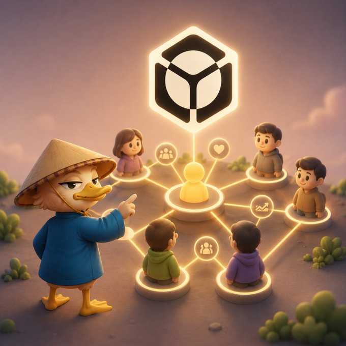 3D rendered illustration showing a cartoon duck wearing a traditional Asian conical hat and blue robe, pointing toward a glowing hexagonal network connecting multiple stylized human figures.