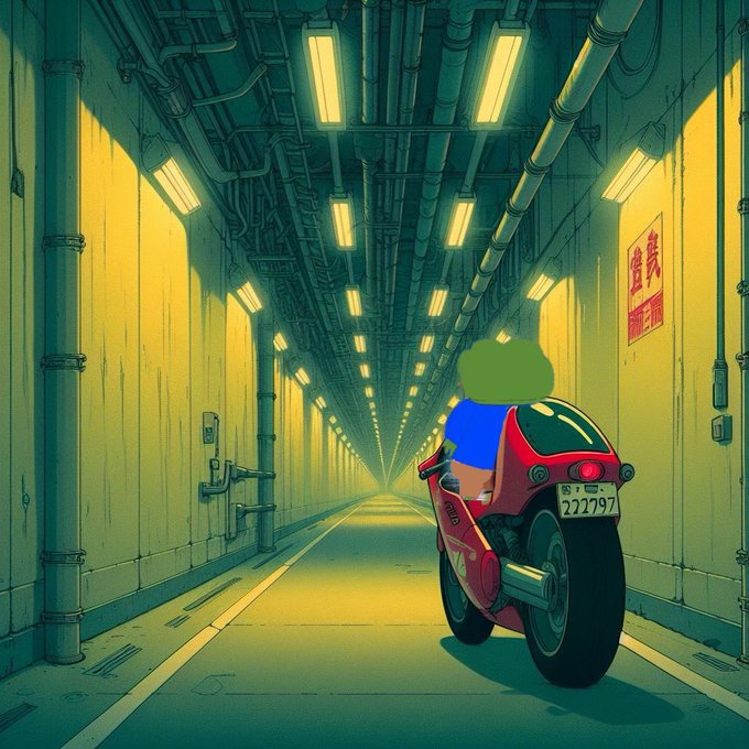 An illustrated person in a blue shirt rides a red motorcycle down a long, green-tinted industrial corridor with overhead pipes and lights.