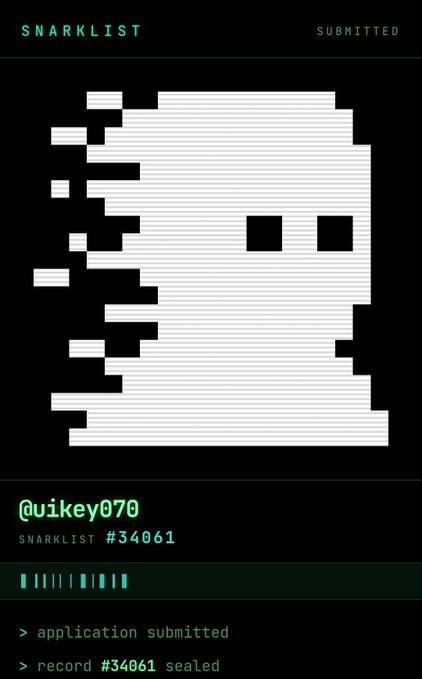 A retro terminal-style SNARKLIST submission page shows a pixelated face, the handle @vikey070, record #34061, and confirmation that the application was submitted and record sealed.